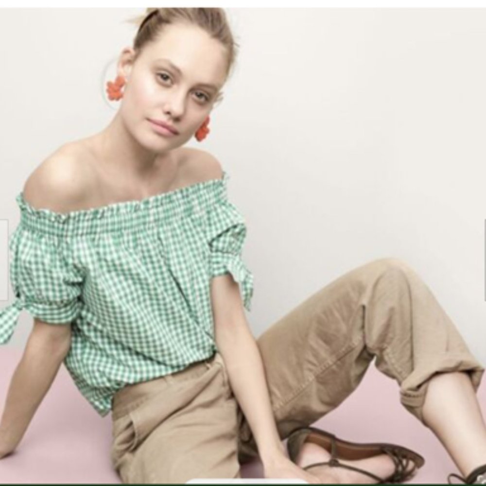 J. Crew Off the Shoulder Gingham Shirt in Green Size 2P